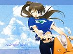  amazuyu_tatsuki blue_eyes brown_hair colorful_dot ground_vehicle long_hair midriff motor_vehicle non-web_source one_eye_closed ponytail scooter solo wallpaper yamaha_vino 