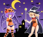  alternate_color_school_swimsuit bad_id bad_pixiv_id bat bat_wings belly_peek blonde_hair bow buruma cape covered_navel crescent_moon fang flandre_scarlet halloween hat hat_ribbon jack-o'-lantern moon multiple_girls navel one-piece_swimsuit orange_swimsuit print_swimsuit pumpkin pumpkin_hat purple_background purple_hair red_eyes remilia_scarlet ribbon school_swimsuit short_hair siblings silhouette sisters skindentation star striped striped_legwear sumapan swimsuit thighhighs touhou wings witch_hat 