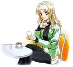  blonde_hair brown_eyes casual chair cross cup endou_akira headband jacket jewelry kai_tomohisa makeup necklace pantyhose sentimental_graffiti sitting skirt solo table tea teacup 