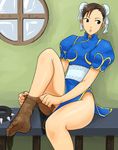  artist_request bun_cover china_dress chinese_clothes chun-li double_bun dress dressing feet pantyhose pantyhose_pull pelvic_curtain sash solo street_fighter 