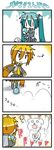  4koma akita_neru aqua_hair ball chibi chibi_miku comic dog hamo_(dog) hatsune_miku long_hair minami_(colorful_palette) multiple_girls silent_comic sweat vocaloid |_| 