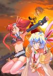  2girls armpits bikini_top black_gloves blonde_hair blue_hair brown_eyes desert fingerless_gloves gloves kamina looking_at_viewer mecha midriff multicolored_hair multiple_girls navel nia_teppelin ponytail red_hair rikudou_shuuya stomach sun sunlight sunset tengen_toppa_gurren_lagann thighhighs two-tone_hair yoko_littner zettai_ryouiki 