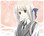  bad_id bad_pixiv_id blonde_hair bow copyright_request grey_eyes kurasawa_moko long_hair necktie ponytail ribbon school_uniform smile solo 