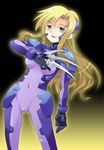  blonde_hair bodysuit claws due_(nanoha) green_eyes lyrical_nanoha mahou_shoujo_lyrical_nanoha_strikers numbers'_uniform numbers_(nanoha) purple_bodysuit solo 