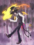  aiu bad_id bad_pixiv_id black_hair blue_eyes boots candy copyright_request fiery_wings fire food food_themed_clothes halloween hat highres horns jack-o'-lantern male_focus pumpkin solo tail top_hat vest wings 
