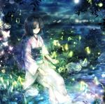  beamed_eighth_notes black_hair bug butterfly eighth_note insect japanese_clothes kara_no_kyoukai kimono lowres musical_note onineko quarter_note ryougi_shiki short_hair sitting soaking_feet solo water 