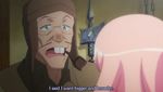  1girl axe buck_teeth chain facial_hair fansub glasses green_eyes hat indoors louise_francoise_le_blanc_de_la_valliere lowres mustache open_mouth pink_hair pipe screencap subtitled truth weapon zero_no_tsukaima 