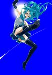  aqua_hair bad_id bad_pixiv_id blue_background blue_eyes boots falling hatsune_miku long_hair open_mouth panties rururara skirt solo striped striped_panties sun thigh_boots thighhighs underwear vocaloid 