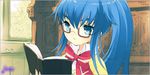  artist_request blue_eyes blue_hair book glasses nanatsuiro_drops ponytail reading solo yuuki_nona 