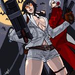  1girl bad_id bad_pixiv_id bat belt black_hair breasts dante_(devil_may_cry) devil_may_cry devil_may_cry_4 flower glasses gloves gun handgun henyo lady_(devil_may_cry) large_breasts lowres mask midriff moon mouth_hold oekaki pistol rose short_hair thigh_strap weapon white_hair 