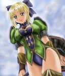  alternate_costume artist_request blonde_hair breasts cassandra_alexandra cleavage gloves green_eyes hair_ribbon large_breasts lowres ribbon shield solo soulcalibur thighhighs 