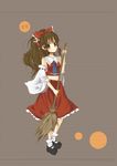  ascot bad_id bad_pixiv_id bobby_socks brown_background brown_eyes brown_hair collar frills full_body hakurei_reimu holding looking_at_viewer mary_janes ponytail shoes simple_background socks solo standing touhou umi_(umi02) 