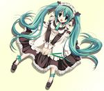  :d alternate_costume aqua_eyes aqua_hair dress enmaided frills hatsune_miku highres long_hair maid necktie open_mouth ribbon smile solo spring_onion suzui_narumi twintails vocaloid 