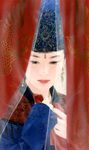 black_eyes black_hair chen_shu_fen chinese_clothes copyright_request curtains earrings hanfu hat highres jewelry realistic solo 