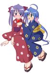  ahoge blue_eyes blue_hair blush green_eyes hiiragi_kagami izumi_konata japanese_clothes kimono long_hair lucky_star mel_(melty_pot) mole mole_under_eye multiple_girls purple_hair ribbon tabi twintails 