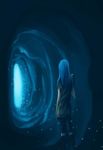  3_degrees_celsius back bad_id bad_pixiv_id blue_hair boots cave glowing long_hair original solo tunic tunnel 