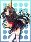  bow brown_hair circle copyright_name crossdressing hair_bow highres little_busters! long_hair male_focus naoe_riki open_mouth otoko_no_ko pink_ribbon plaid plaid_skirt ribbon satomi_yoshitaka school_uniform skirt solo startled thighhighs yellow_ribbon zettai_ryouiki 