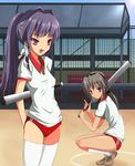  bad_id bad_pixiv_id baseball_bat blue_eyes buruma clannad fujibayashi_kyou gym_uniform long_hair multiple_girls ponytail purple_eyes purple_hair sahare sakagami_tomoyo silver_hair thighhighs 