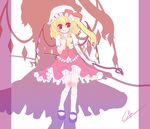  blonde_hair dress flandre_scarlet hat hat_ribbon laevatein mary_janes noorrzz one_side_up red_eyes ribbon shadow shoes short_hair socks solo touhou wings 