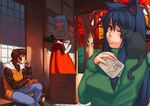  ahoge animal_ears autumn azusa_(hws) black_hair blue_hair book braid brown_hair cat cat_ears denim eating food green_shirt hakama highres hood hoodie japanese_clothes jeans kettle long_hair miko multiple_girls one_eye_closed original outdoors pants red_hakama shirt short_hair sweater sweet_potato tray turtleneck 