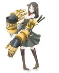 bare_shoulders blue_eyes boots brown_hair dress golem highres long_hair mecha_musume mechanical_arm monster_girl original patches smile solo tansuke 