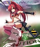  :p bikini_top elbow_gloves fingerless_gloves gloves gun long_hair matsuzaki_yutaka midriff navel ponytail red_hair rifle scarf solo tengen_toppa_gurren_lagann thighhighs tongue tongue_out weapon yoko_littner 