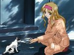  artist_request blonde_hair blue_eyes cat endou_akira formal hairband kneeling long_hair sentimental_graffiti solo suit 