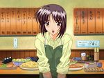  apron artist_request blush brown_eyes food restaurant sentimental_graffiti short_hair solo 