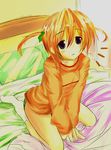  bed blush green_panties kneeling lyrical_nanoha mahou_shoujo_lyrical_nanoha orange_shirt panties purple_eyes red_hair shirt short_hair short_twintails socks solo surprised takamachi_nanoha twintails underwear 