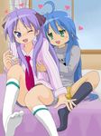  ahoge bad_anatomy blue_eyes blue_hair blush breast_grab breasts drooling feet grabbing green_eyes heart hiiragi_kagami hirondo izumi_konata kneehighs long_hair lucky_star mole mole_under_eye multiple_girls necktie one_eye_closed open_mouth purple_hair ribbon shorts small_breasts socks tearing_up tickling tsurime twintails yuri 