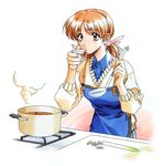  adachi_taeko apron brown_eyes brown_hair cooking freckles kai_tomohisa ladle nabe pot sentimental_graffiti solo spring_onion tasting 