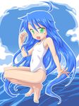  ahoge bad_id bad_pixiv_id bare_shoulders blue_hair breasts cloud covered_nipples green_eyes izumi_konata long_hair lucky_star mole mole_under_eye open_mouth small_breasts solo swimsuit water white_swimsuit yura_(yurating) 