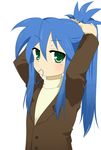  adjusting_hair alternate_hairstyle blue_hair green_eyes highres izumi_konata long_hair lucky_star mole mole_under_eye mouth_hold ponytail sanchoume solo 