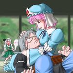  1boy 2girls bag bloomers blush couple glasses grey_hair hetero hitodama hug konpaku_youmu konpaku_youmu_(ghost) morichika_rinnosuke multiple_girls o_o pink_hair saigyouji_yuyuko touhou underwear white_hair yoshio 