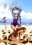  ahoge alternate_hairstyle barefoot beach blue_hair braid chocolate chocolate_cornet day doughnut food green_eyes izumi_konata long_hair lucky_star mole mole_under_eye one-piece_swimsuit purple_school_swimsuit school_swimsuit solo swimsuit turn_pale yamasaki_wataru 