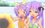  flower hiiragi_kagami hiiragi_tsukasa long_hair lucky_star multiple_girls pointing purple_hair ribbon short_hair sora_to_umi sunflower twintails |_| 