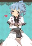  1girl alfa_system ange_serena blue_background blue_hair blush breasts dress frills grey_eyes heart jewelry long_hair ponytail ribbon tales_of_(series) tales_of_innocence 