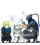 1girl 8_page armor artorias_the_abysswalker bad_id bad_pixiv_id blonde_hair braid cape closed_eyes dark_souls foam full_armor gauntlets great_grey_wolf_sif heart helm helmet highres lord's_blade_ciaran musical_note shower_head smile souls_(from_software) spoken_heart water wolf 
