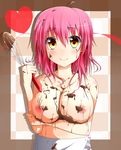  apron breast_hold breasts chocolate crossed_arms heart large_breasts naked_apron nipples original pink_hair short_hair smile solo topless warabi_mochi_(ehimedaisuki) whisk yellow_eyes 