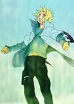  1boy blonde_hair blue_eyes cape jewelry looking_up male male_focus namikaze_minato naruto necklace outstretched_arms solo standing terragin 