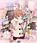  blue_eyes blush brown_hair casual coat long_hair original pen ragho_no_erika scarf shop shopping short_hair skirt smile solo sparkle stationery toggles 