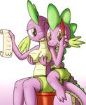  breast_grab breasts clothing crossgender dragon feather female friendship_is_magic green_eyes male my_little_pony nipples paper plain_background scalie smile spike_(mlp) square_crossover straight tg-0 young 