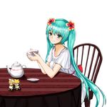  aqua_eyes aqua_hair brother_and_sister chair cup flower hair_flower hair_ornament hatsune_miku kagamine_len kagamine_rin long_hair norte siblings simple_background sitting smile solo table teacup teapot twintails very_long_hair vocaloid white_background 