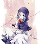  blue_eyes blue_hair breasts chocolate chocolate_heart dress heart hood kumoi_ichirin medium_breasts open_mouth short_hair sitting solo toropp touhou valentine 