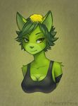  cat clothing dandelion feline female flora_fauna flower green_body green_hair hair mammal monster_frog plant shirt smile tank_top yellow_eyes 