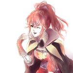  aerlai anna_(fire_emblem) cape finger_to_face fire_emblem fire_emblem:_kakusei long_hair one_eye_closed ponytail red_eyes red_hair solo 