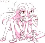  akemi_homura back-to-back bad_id bad_pixiv_id banned_artist blush cup drill_hair ekusiregaia glasses hairband long_hair mahou_shoujo_madoka_magica monochrome multiple_girls pantyhose school_uniform sitting teacup thighband_pantyhose tomoe_mami twin_drills twintails 