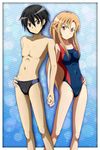  1girl asuna_(sao) black_eyes black_hair brown_eyes brown_hair competition_swimsuit couple hetero highres holding_hands kinfuji kirito male_swimwear one-piece_swimsuit swim_briefs swimsuit swimwear sword_art_online 