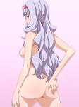  ass bad_ass breasts flat_ass from_behind hairband hand_on_ass highres idolmaster idolmaster_(classic) long_hair looking_at_viewer looking_back medium_breasts mei_ichi nipples nude profile purple_eyes purple_hair shijou_takane smile solo 