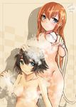  blue_eyes breasts brown_hair hand_on_head highres long_hair makise_kurisu medium_breasts mkcrf multiple_girls nude shiina_mayuri short_hair shower_head small_breasts steam steins;gate water 